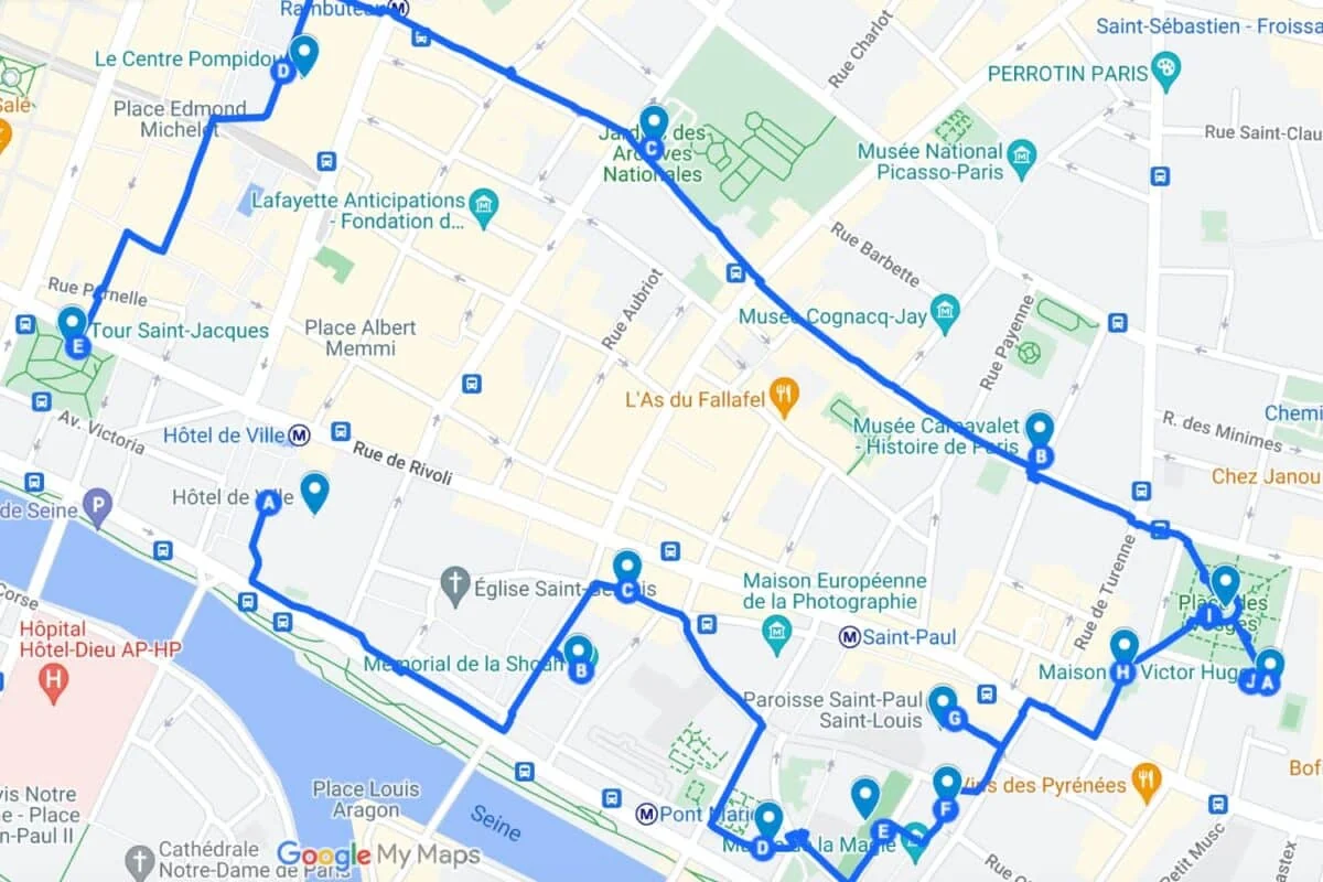 Le Marais self guided walking tour map