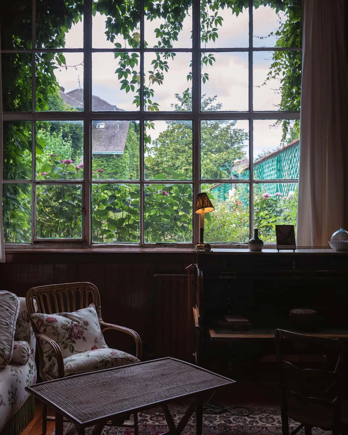 Chair with a glass window behind