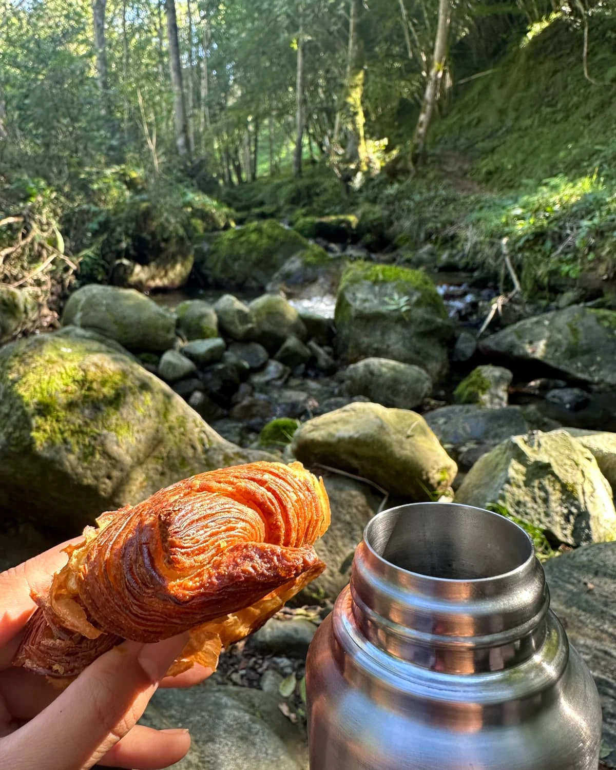 A croissant and a thermos of coffee with a waterfall in the background