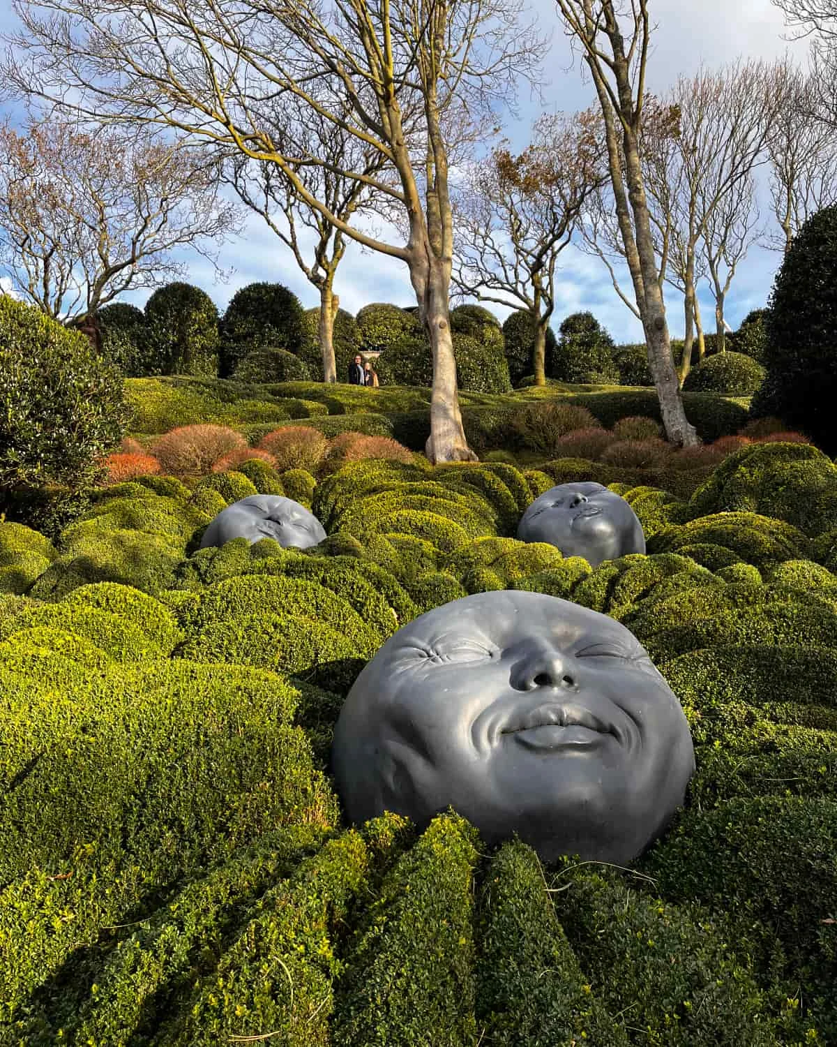 Le Jardin Emotions with giant faces sculpted onto green bushes