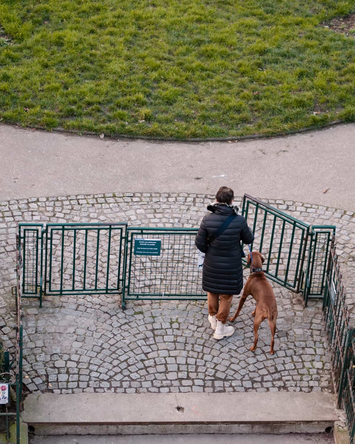 A dog owner entering the park at Le square du Vert-Galant, île de la cité, Paris