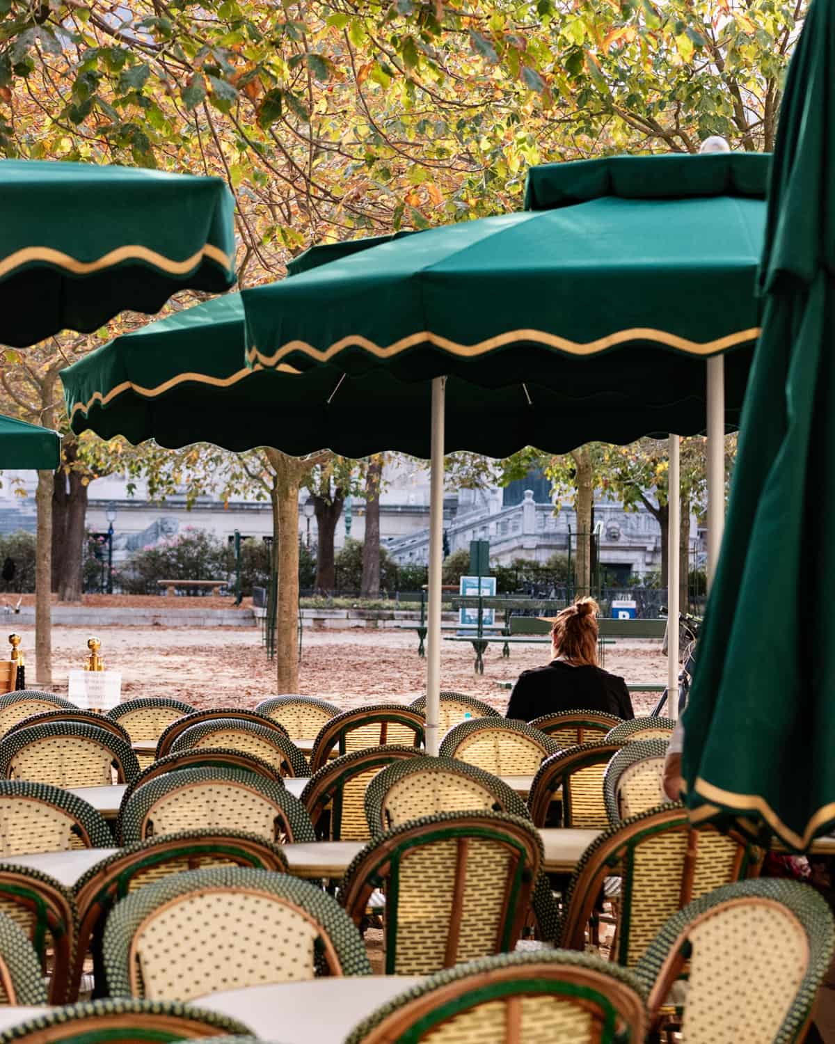 A woman sitting in a terrace café in Paris surrounded by autumn leaves